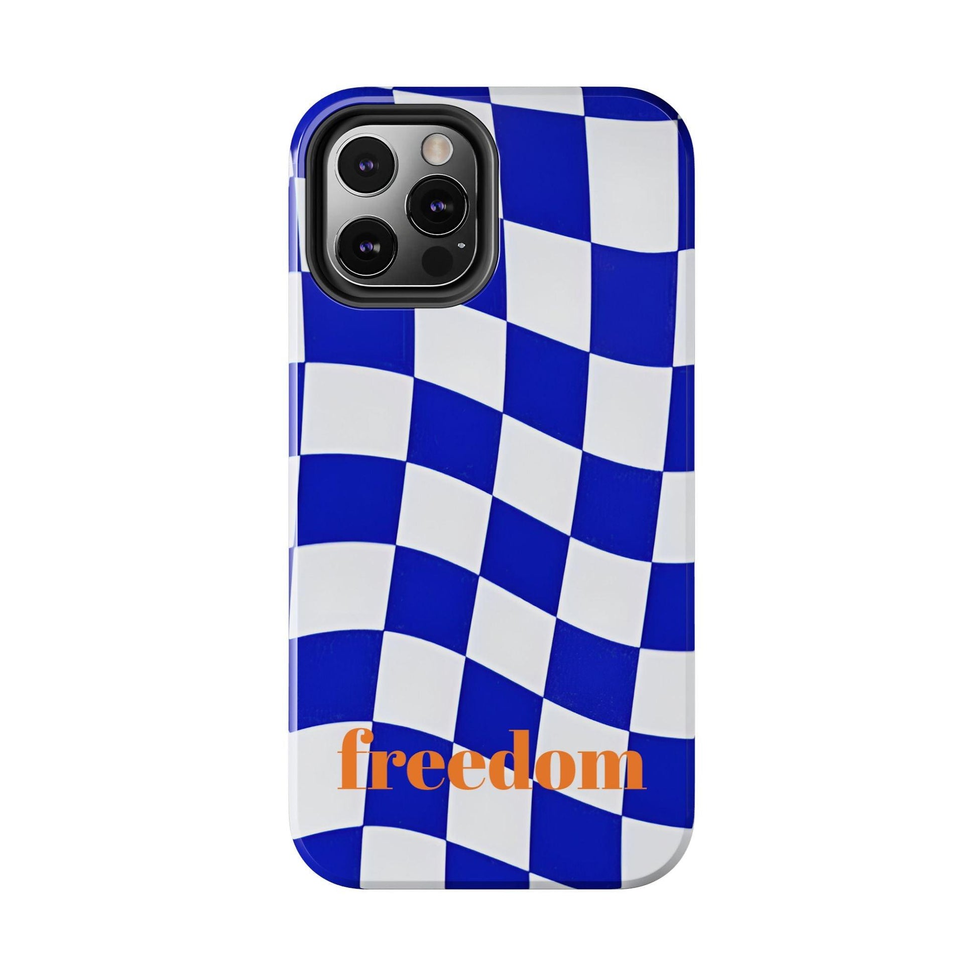 Phone Cases - Blue and White Wavy Check Design with Freedom in Orange - SmartHomeGoodies