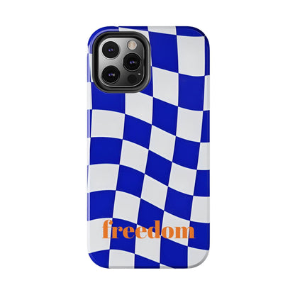 Phone Cases - Blue and White Wavy Check Design with Freedom in Orange - SmartHomeGoodies