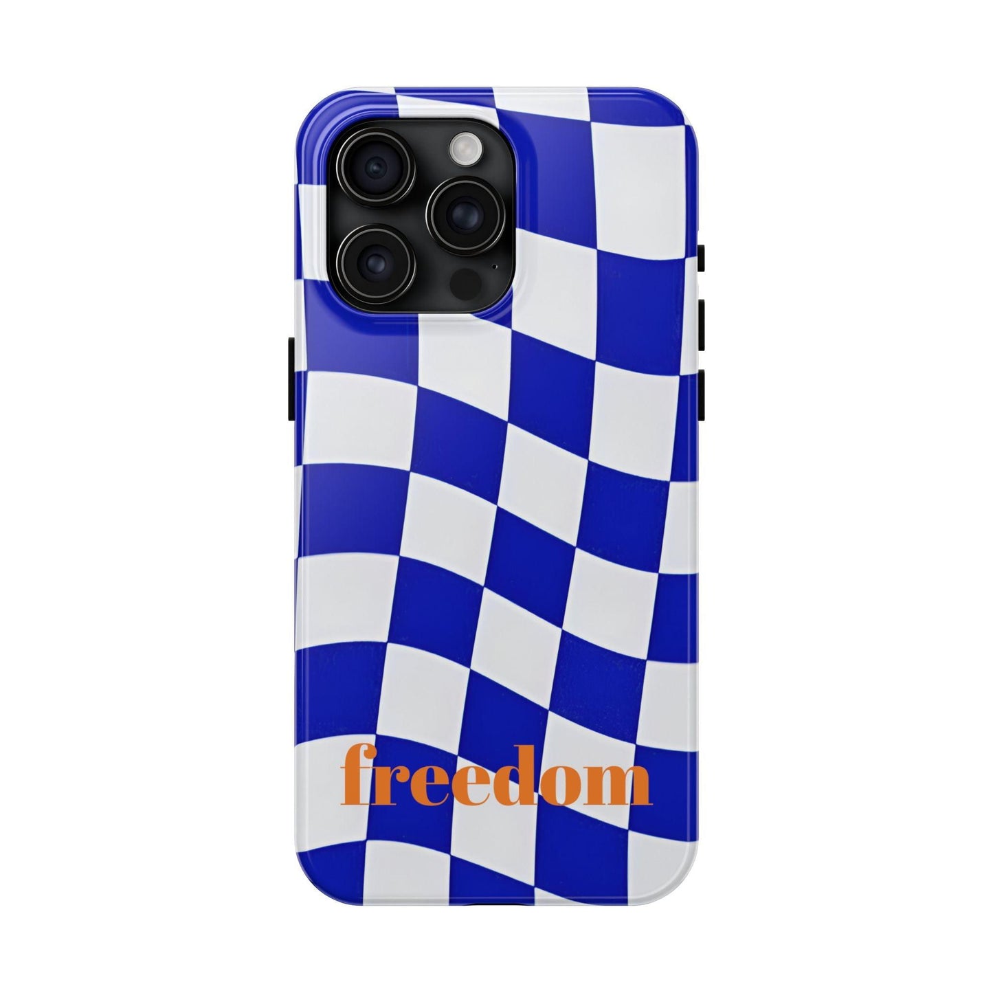 Phone Cases - Blue and White Wavy Check Design with Freedom in Orange - SmartHomeGoodies