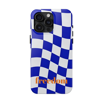 Phone Cases - Blue and White Wavy Check Design with Freedom in Orange - SmartHomeGoodies