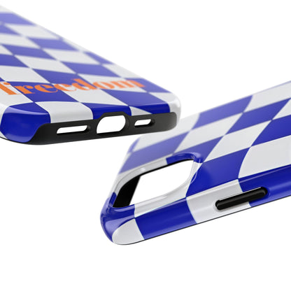Phone Cases - Blue and White Wavy Check Design with Freedom in Orange - SmartHomeGoodies