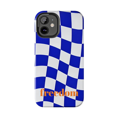 Phone Cases - Blue and White Wavy Check Design with Freedom in Orange - SmartHomeGoodies