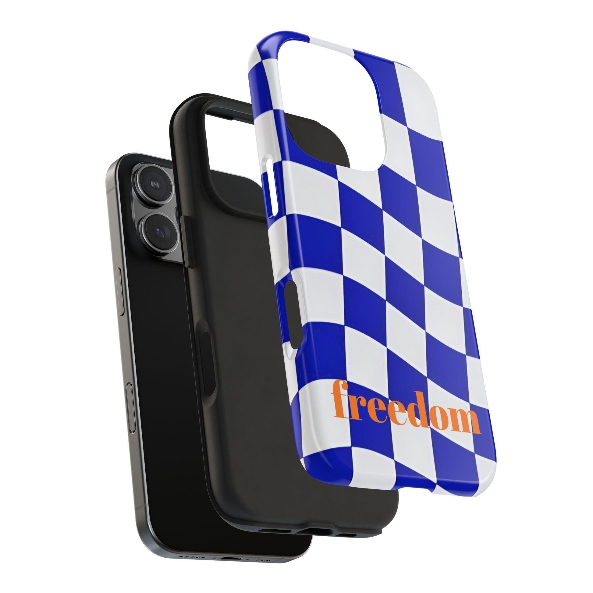 Phone Cases - Blue and White Wavy Check Design with Freedom in Orange - SmartHomeGoodies