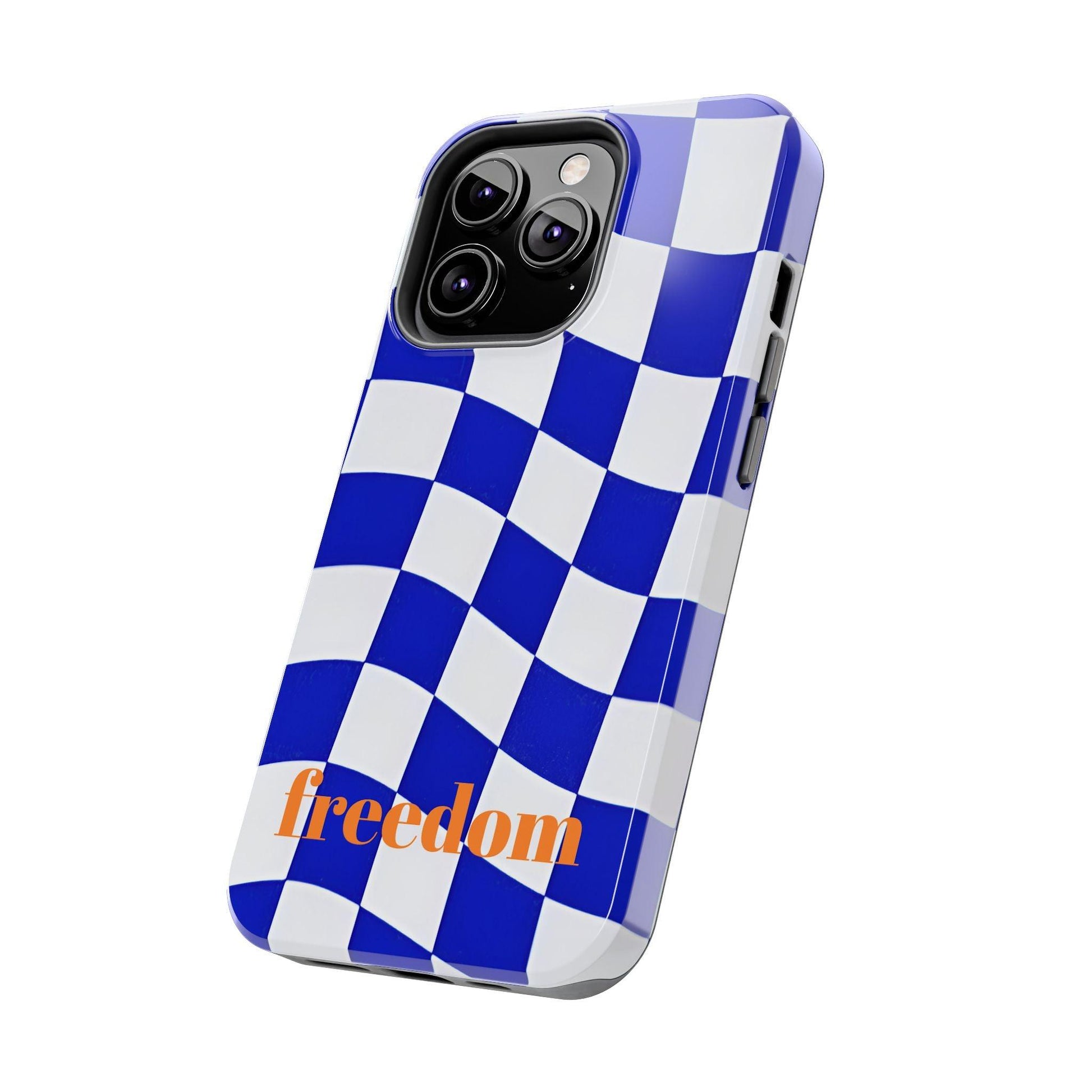 Phone Cases - Blue and White Wavy Check Design with Freedom in Orange - SmartHomeGoodies