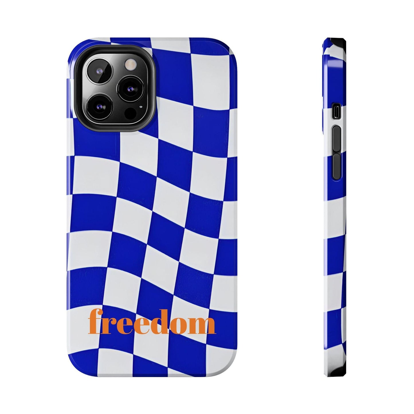 Phone Cases - Blue and White Wavy Check Design with Freedom in Orange - SmartHomeGoodies