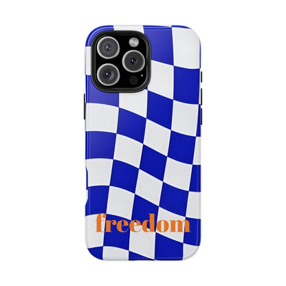 Phone Cases - Blue and White Wavy Check Design with Freedom in Orange - SmartHomeGoodies