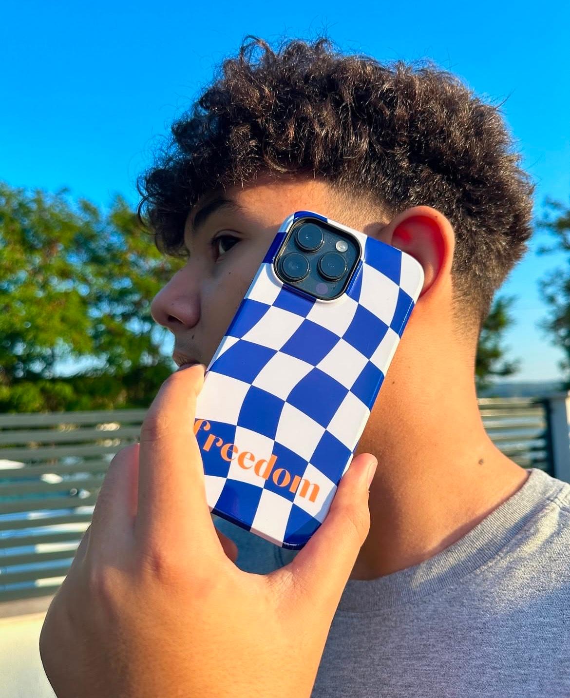 Phone Cases - Blue and White Wavy Check Design with Freedom in Orange - SmartHomeGoodies
