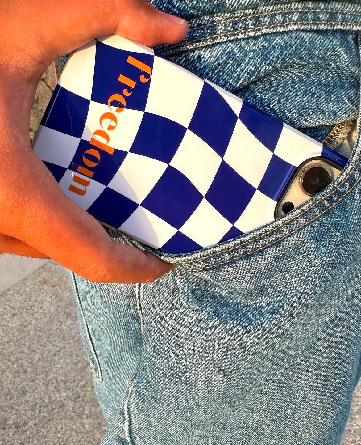 Phone Cases - Blue and White Wavy Check Design with Freedom in Orange - SmartHomeGoodies