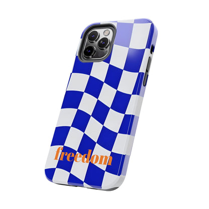 Phone Cases - Blue and White Wavy Check Design with Freedom in Orange - SmartHomeGoodies