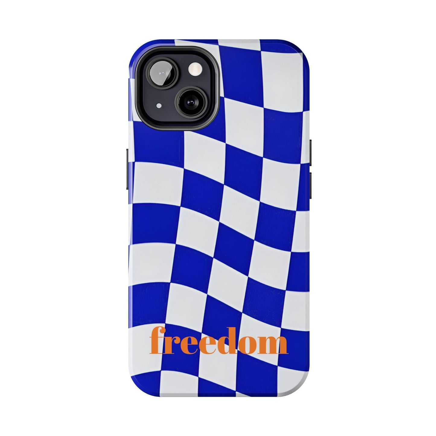 Phone Cases - Blue and White Wavy Check Design with Freedom in Orange - SmartHomeGoodies