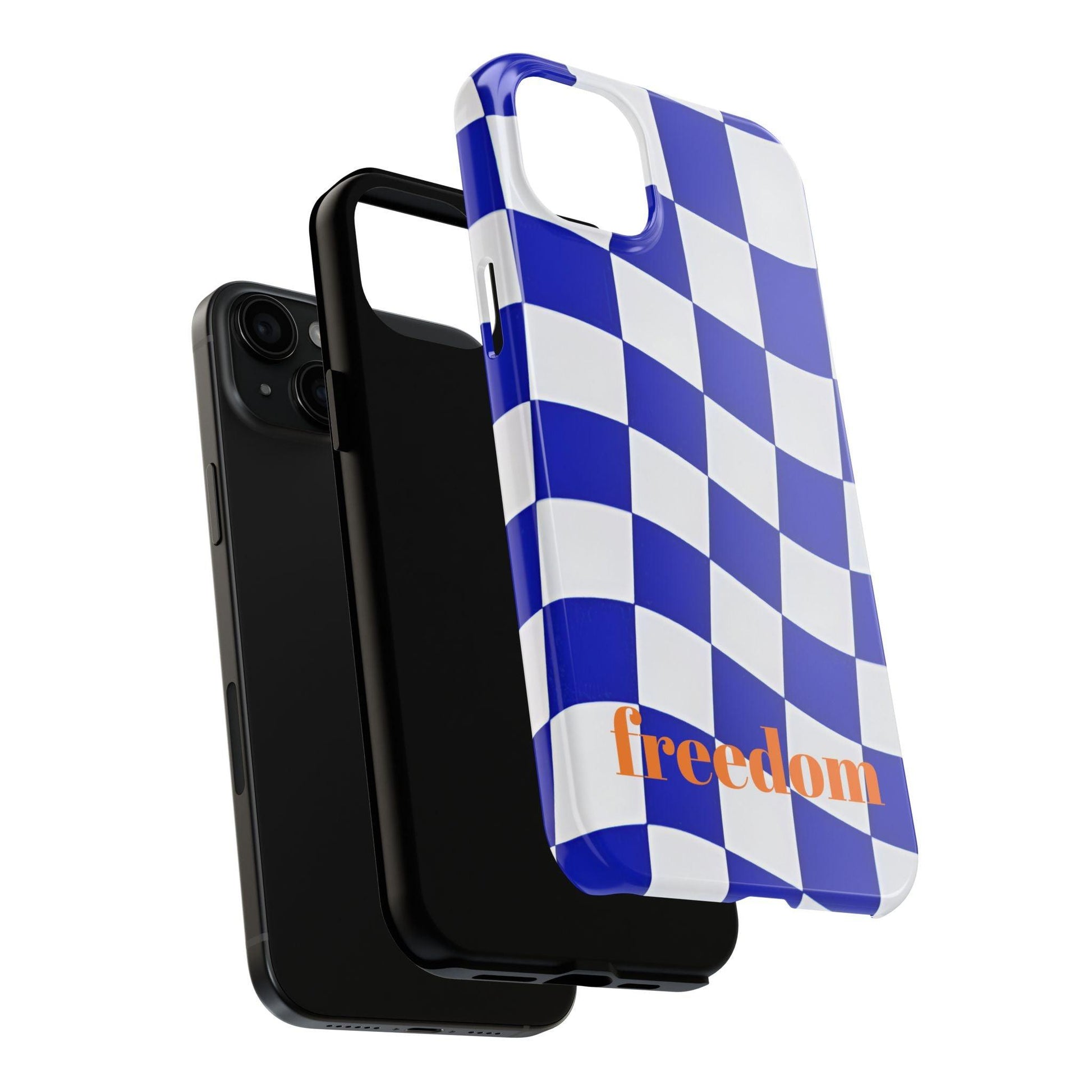 Phone Cases - Blue and White Wavy Check Design with Freedom in Orange - SmartHomeGoodies