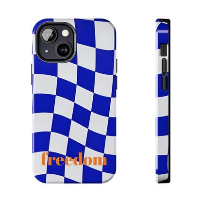 Phone Cases - Blue and White Wavy Check Design with Freedom in Orange - SmartHomeGoodies