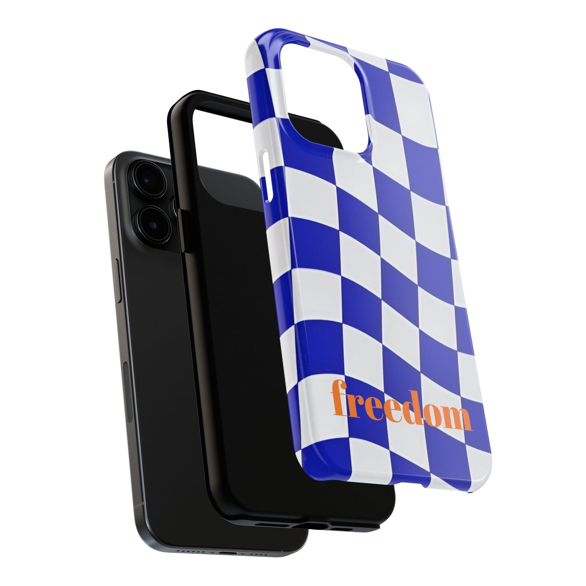 Phone Cases - Blue and White Wavy Check Design with Freedom in Orange - SmartHomeGoodies