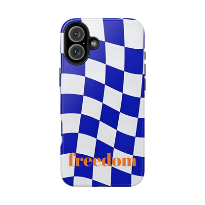 Phone Cases - Blue and White Wavy Check Design with Freedom in Orange - SmartHomeGoodies