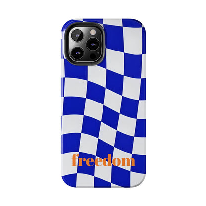 Phone Cases - Blue and White Wavy Check Design with Freedom in Orange - SmartHomeGoodies