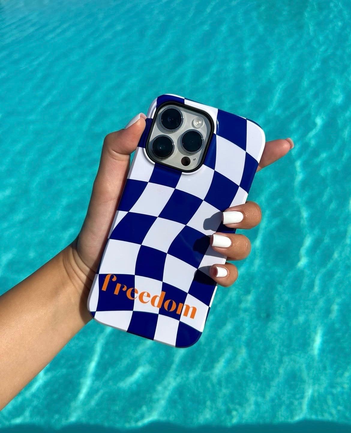 Phone Cases - Blue and White Wavy Check Design with Freedom in Orange - SmartHomeGoodies
