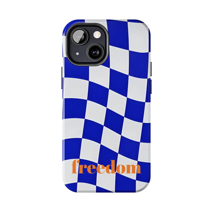 Phone Cases - Blue and White Wavy Check Design with Freedom in Orange - SmartHomeGoodies