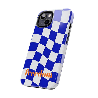 Phone Cases - Blue and White Wavy Check Design with Freedom in Orange - SmartHomeGoodies