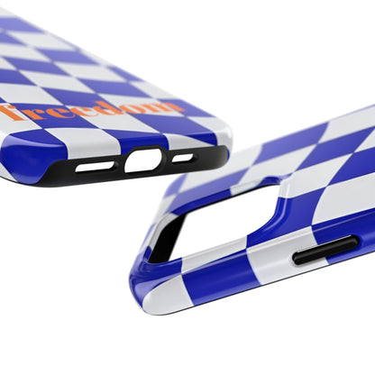 Phone Cases - Blue and White Wavy Check Design with Freedom in Orange - SmartHomeGoodies