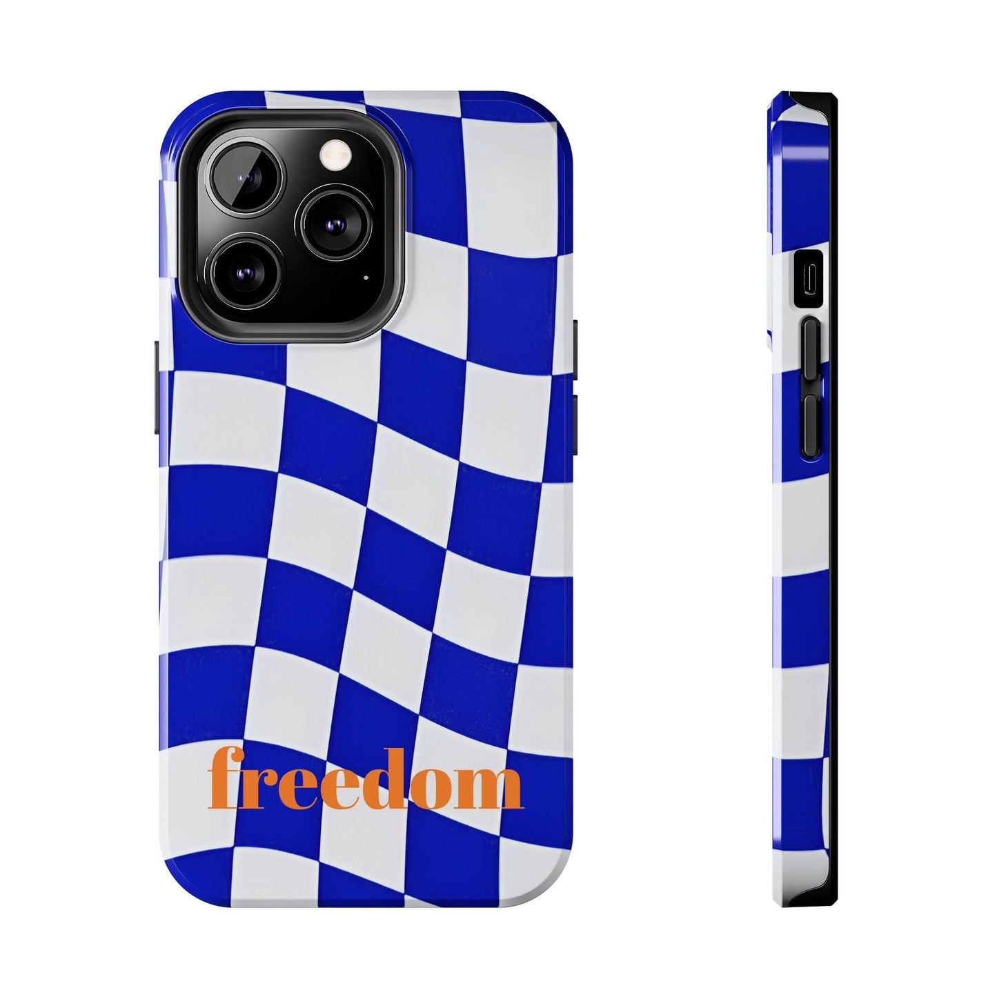 Phone Cases - Blue and White Wavy Check Design with Freedom in Orange - SmartHomeGoodies