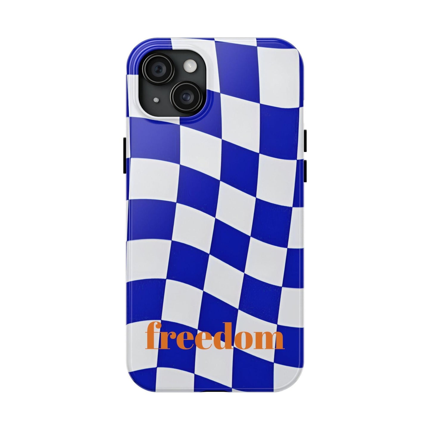 Phone Cases - Blue and White Wavy Check Design with Freedom in Orange - SmartHomeGoodies
