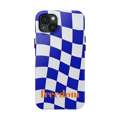 Phone Cases - Blue and White Wavy Check Design with Freedom in Orange - SmartHomeGoodies