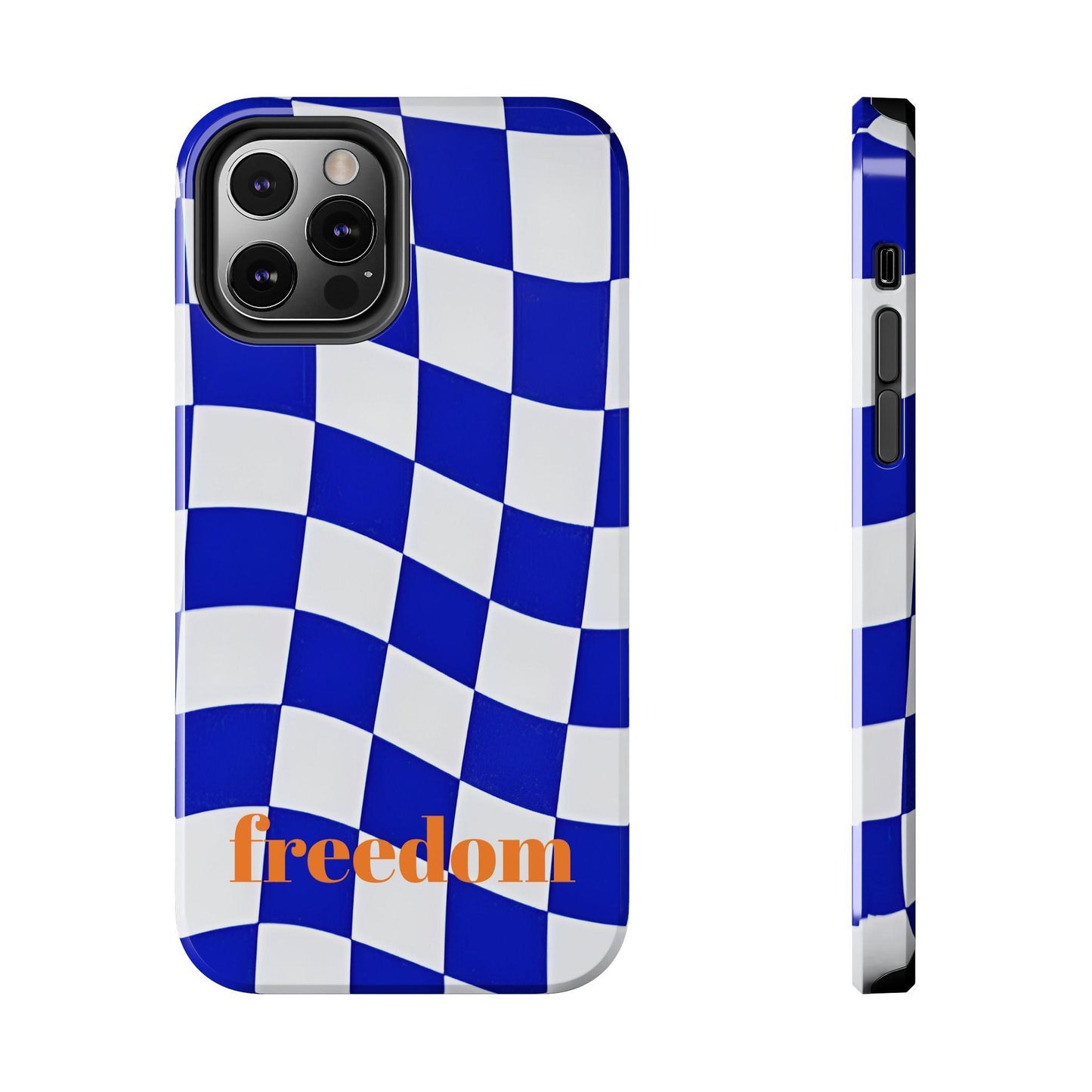 Phone Cases - Blue and White Wavy Check Design with Freedom in Orange - SmartHomeGoodies