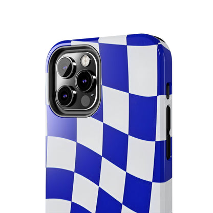 Phone Cases - Blue and White Wavy Check Design with Freedom in Orange - SmartHomeGoodies