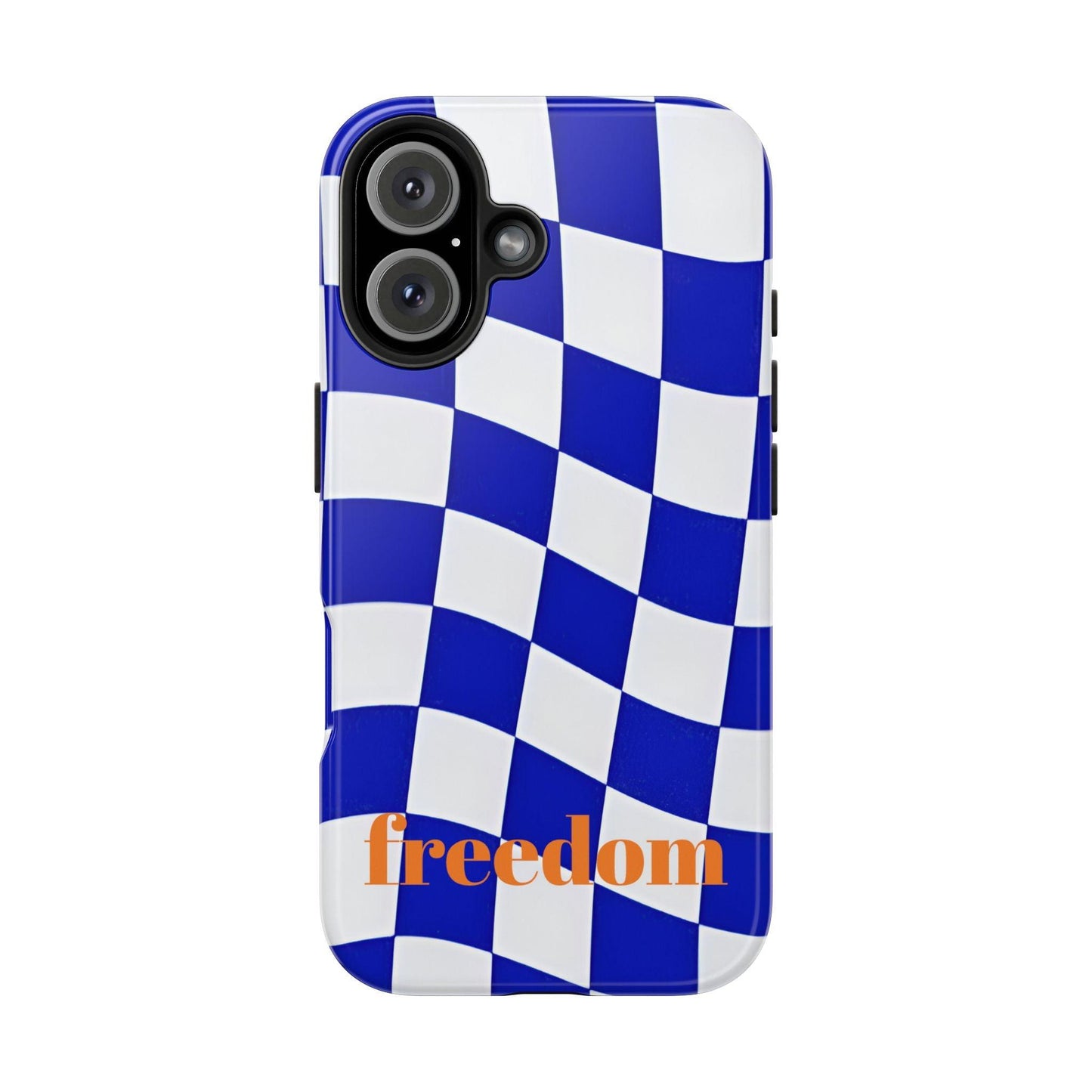 Phone Cases - Blue and White Wavy Check Design with Freedom in Orange - SmartHomeGoodies