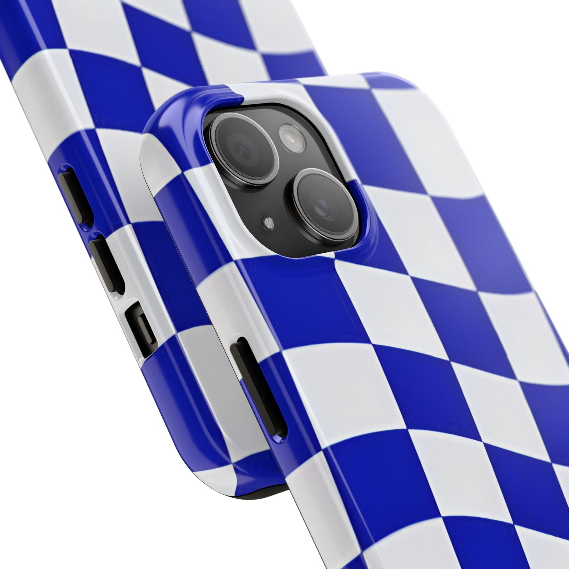 Phone Cases - Blue and White Wavy Check Design with Freedom in Orange - SmartHomeGoodies
