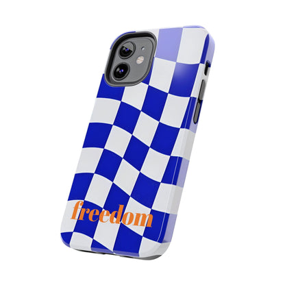 Phone Cases - Blue and White Wavy Check Design with Freedom in Orange - SmartHomeGoodies