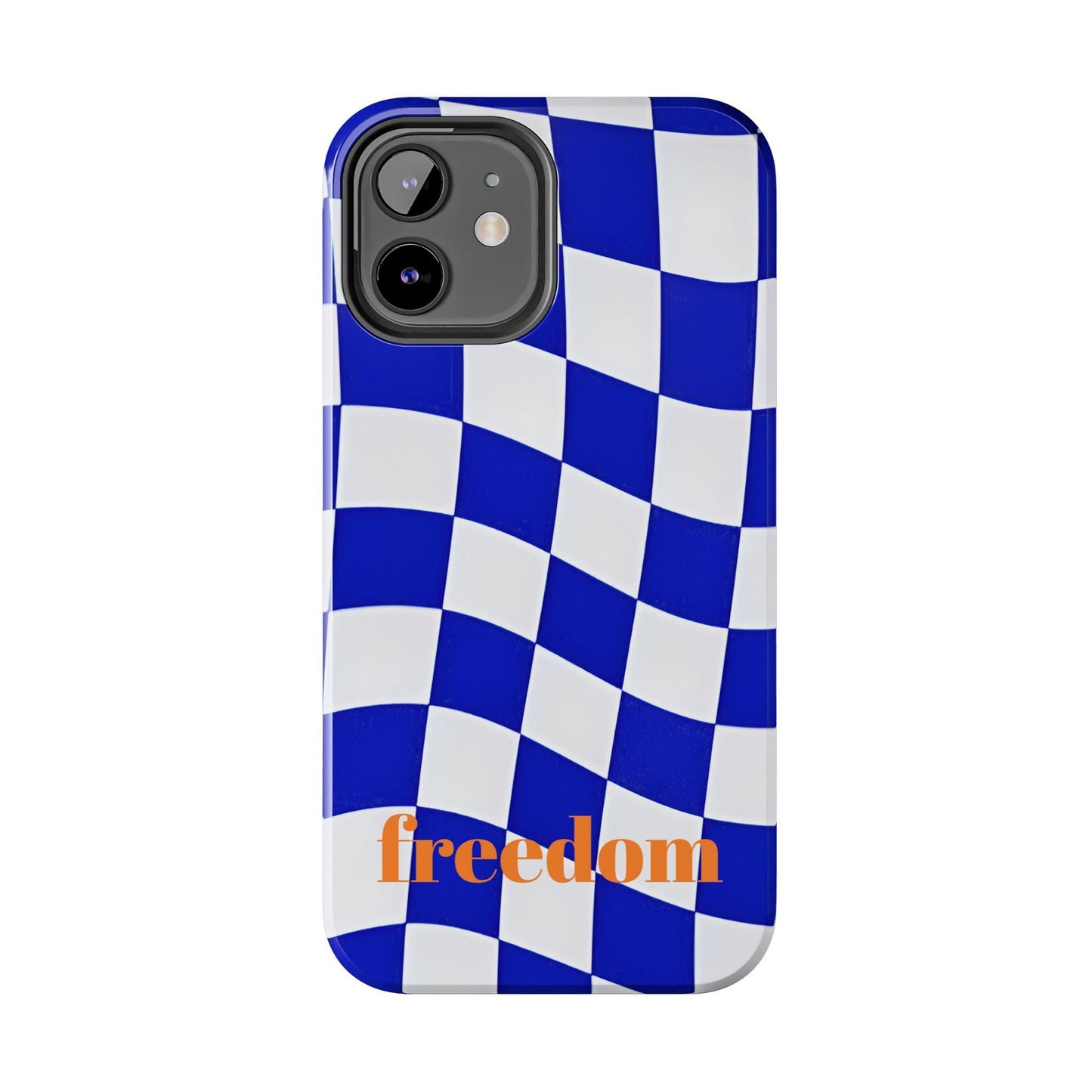 Phone Cases - Blue and White Wavy Check Design with Freedom in Orange - SmartHomeGoodies
