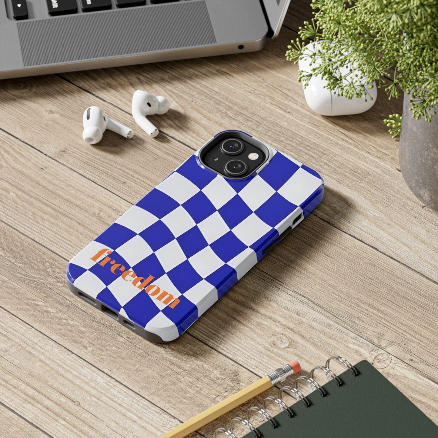 Phone Cases - Blue and White Wavy Check Design with Freedom in Orange - SmartHomeGoodies