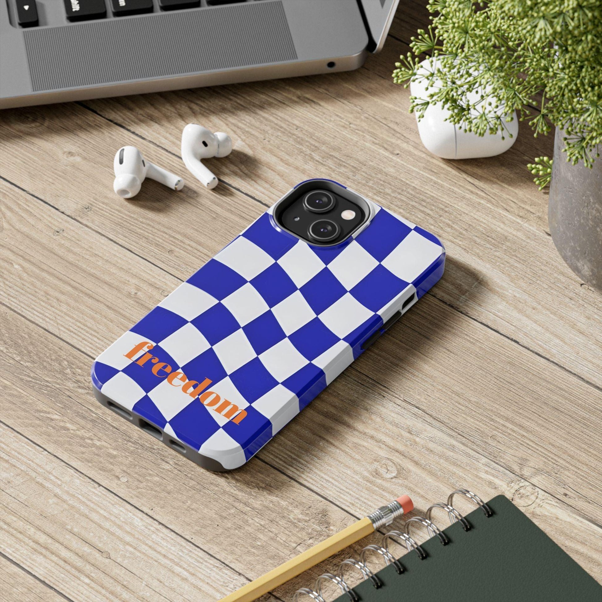 Phone Cases - Blue and White Wavy Check Design with Freedom in Orange - SmartHomeGoodies