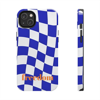 Phone Cases - Blue and White Wavy Check Design with Freedom in Orange - SmartHomeGoodies