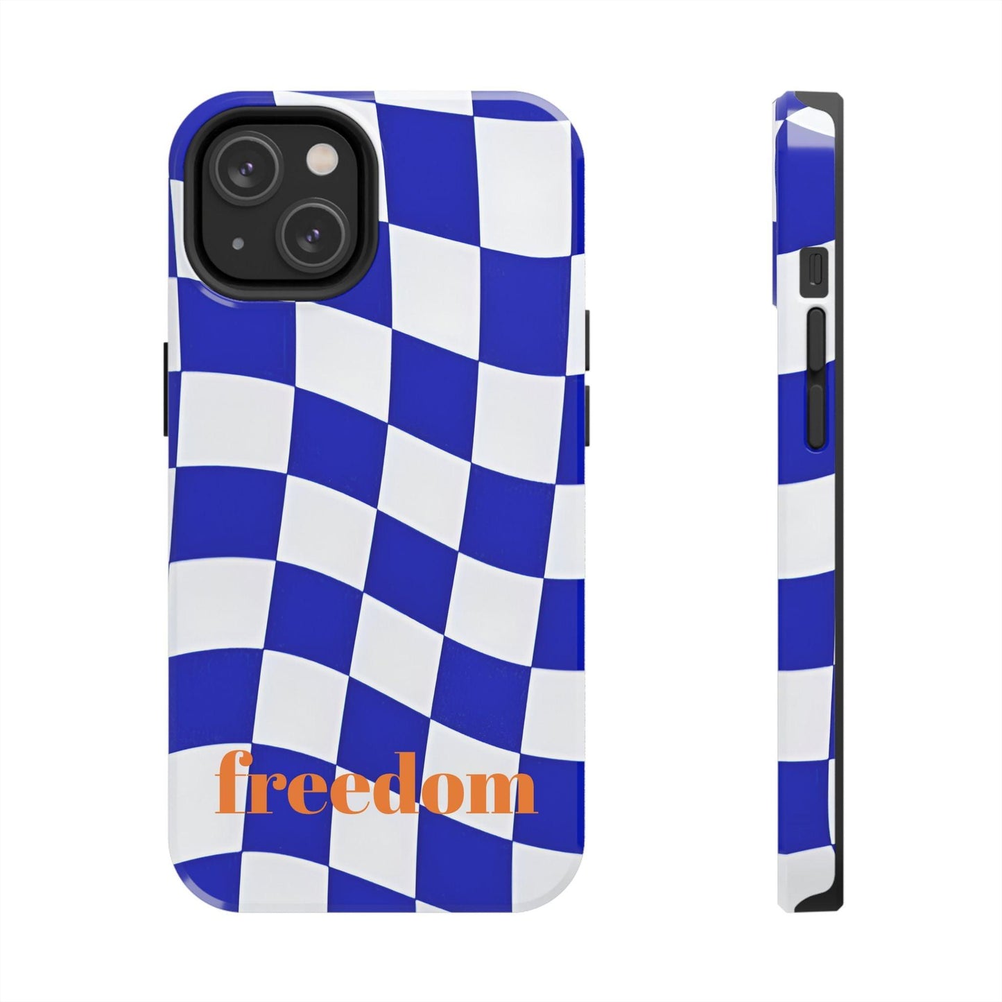 Phone Cases - Blue and White Wavy Check Design with Freedom in Orange - SmartHomeGoodies
