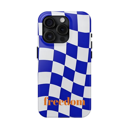 Phone Cases - Blue and White Wavy Check Design with Freedom in Orange - SmartHomeGoodies