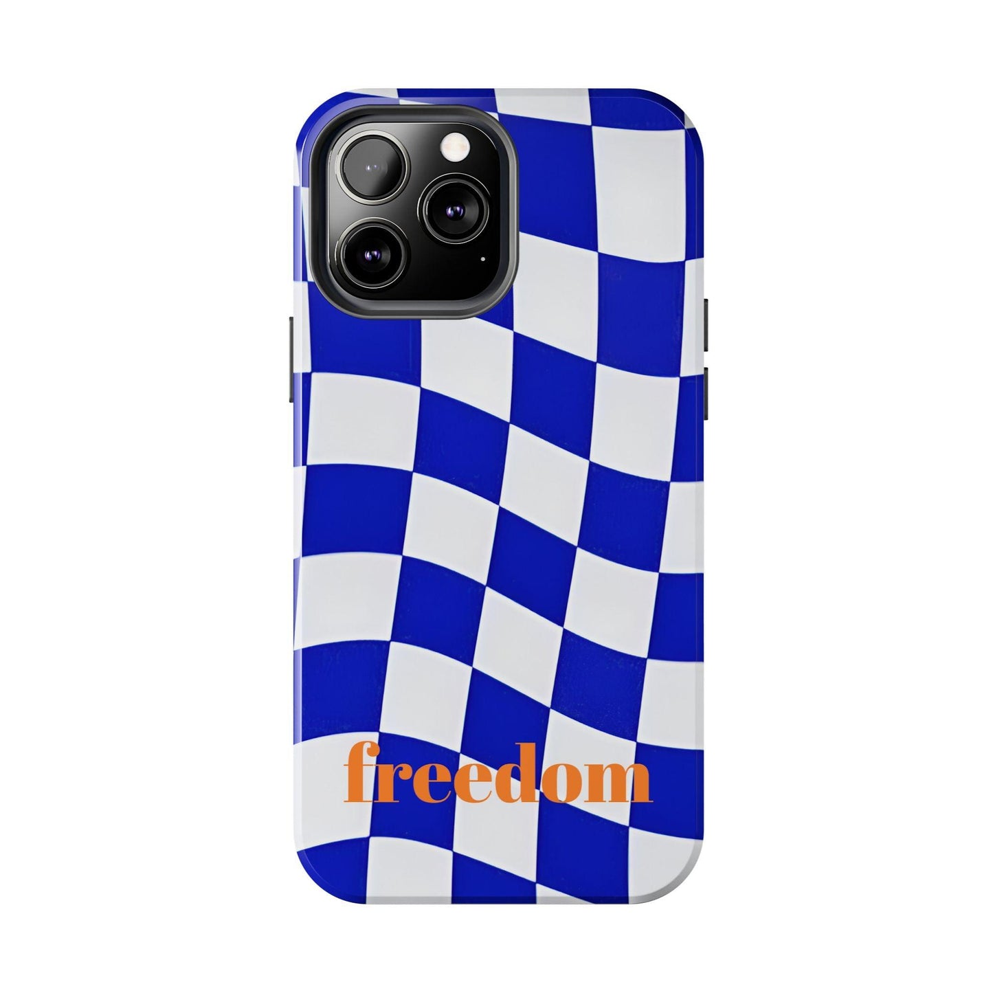 Phone Cases - Blue and White Wavy Check Design with Freedom in Orange - SmartHomeGoodies