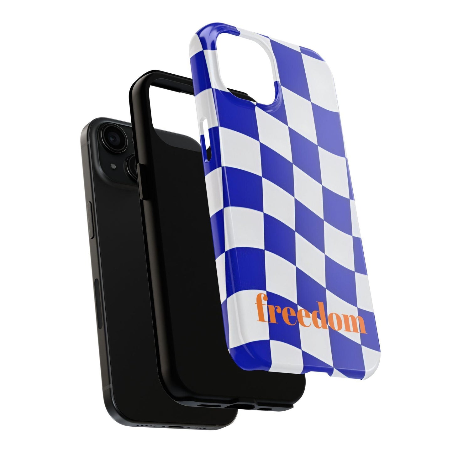 Phone Cases - Blue and White Wavy Check Design with Freedom in Orange - SmartHomeGoodies