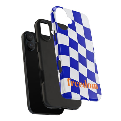 Phone Cases - Blue and White Wavy Check Design with Freedom in Orange - SmartHomeGoodies