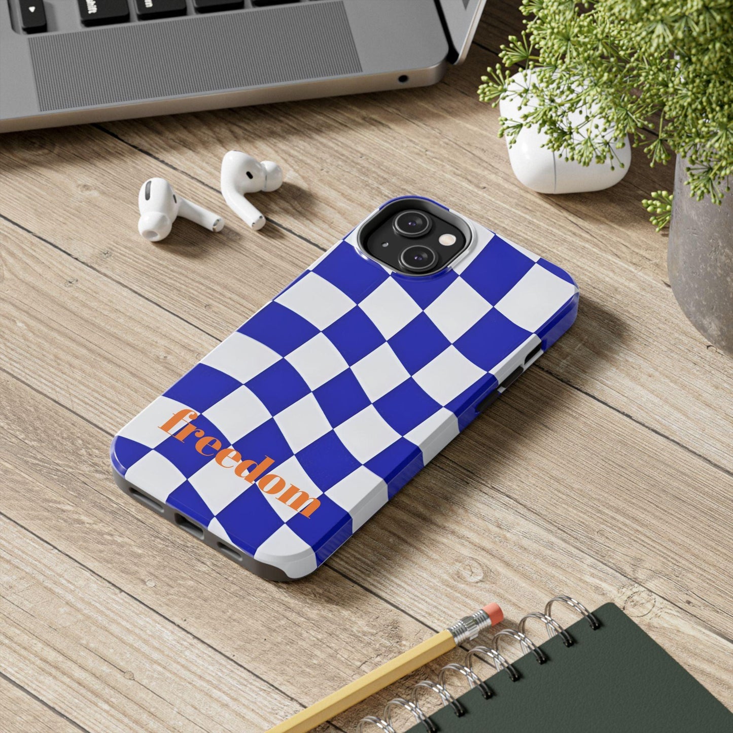 Phone Cases - Blue and White Wavy Check Design with Freedom in Orange - SmartHomeGoodies