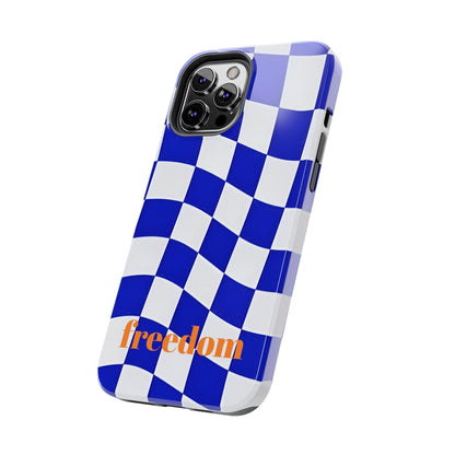 Phone Cases - Blue and White Wavy Check Design with Freedom in Orange - SmartHomeGoodies