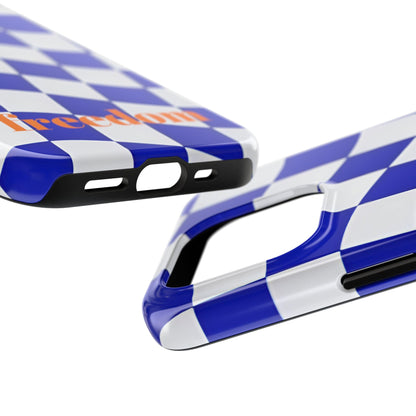 Phone Cases - Blue and White Wavy Check Design with Freedom in Orange - SmartHomeGoodies