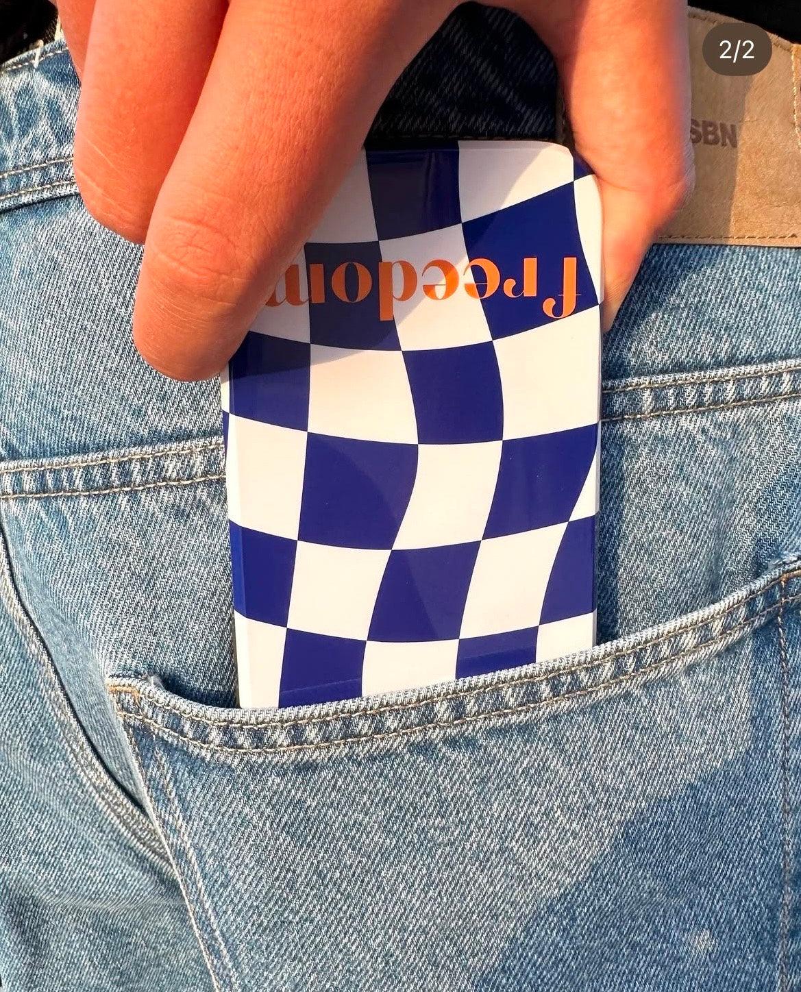 Phone Cases - Blue and White Wavy Check Design with Freedom in Orange - SmartHomeGoodies