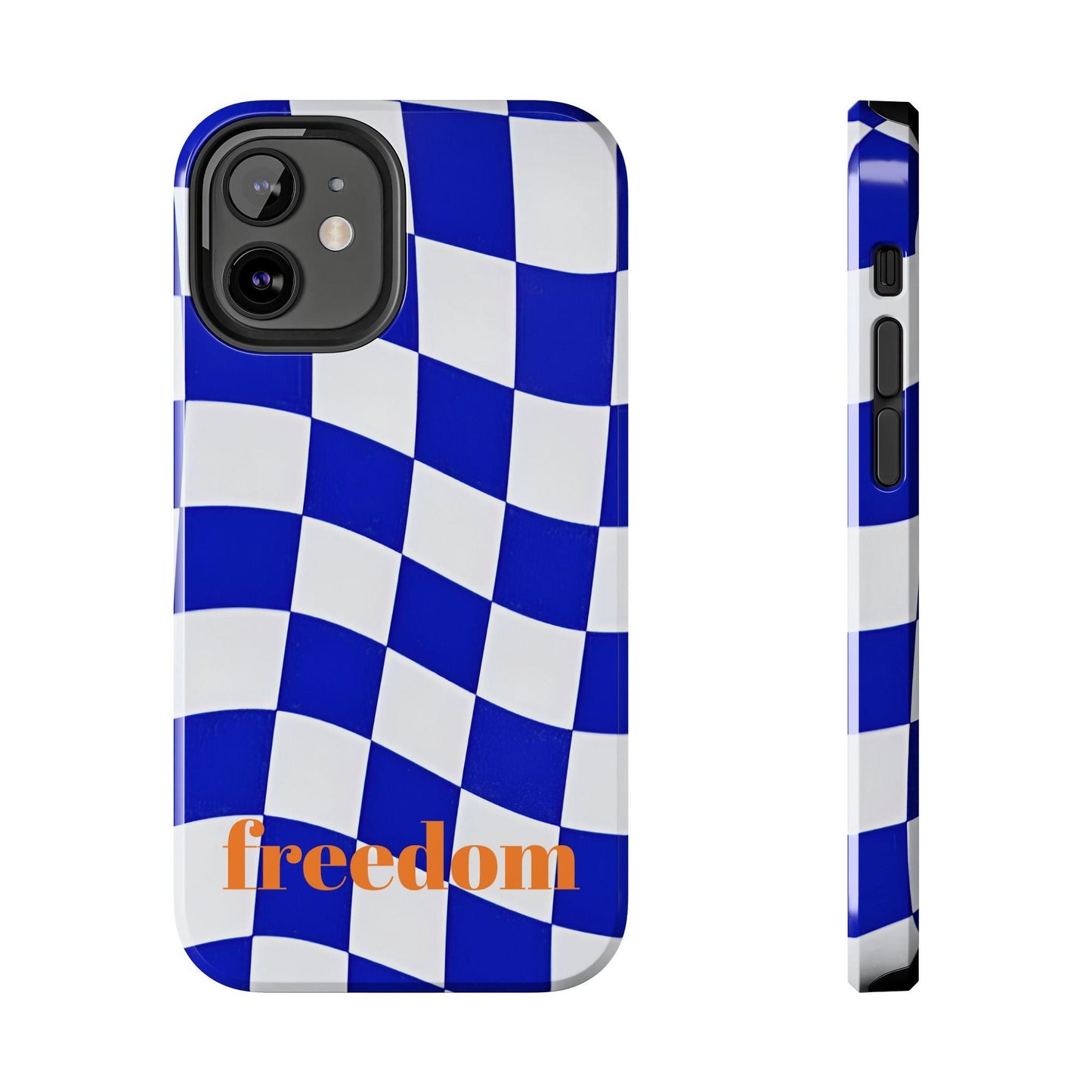 Phone Cases - Blue and White Wavy Check Design with Freedom in Orange - SmartHomeGoodies