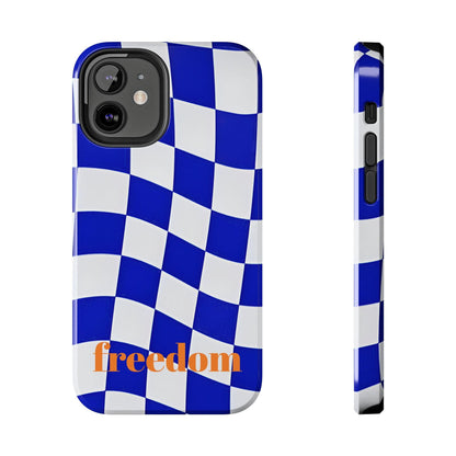 Phone Cases - Blue and White Wavy Check Design with Freedom in Orange - SmartHomeGoodies