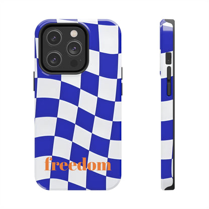 Phone Cases - Blue and White Wavy Check Design with Freedom in Orange - SmartHomeGoodies