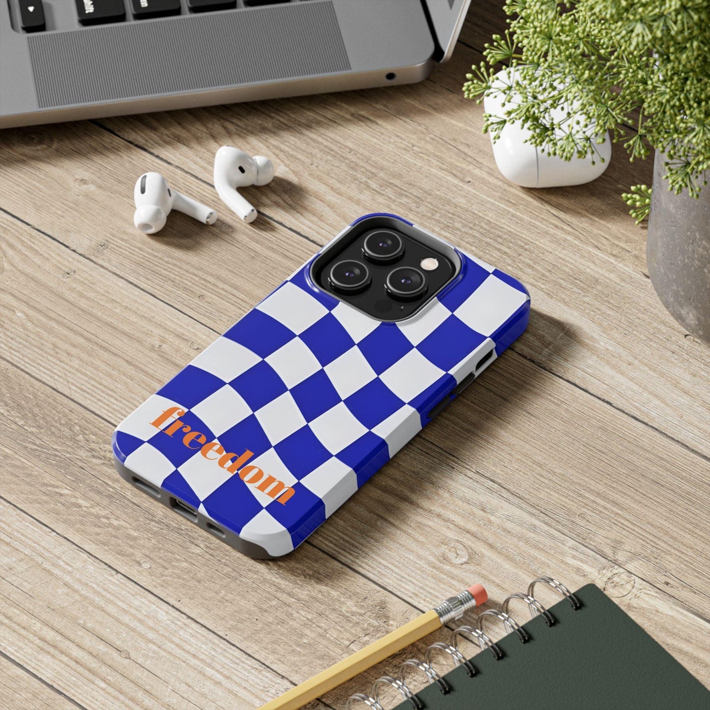 Phone Cases - Blue and White Wavy Check Design with Freedom in Orange - SmartHomeGoodies