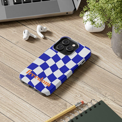 Phone Cases - Blue and White Wavy Check Design with Freedom in Orange - SmartHomeGoodies