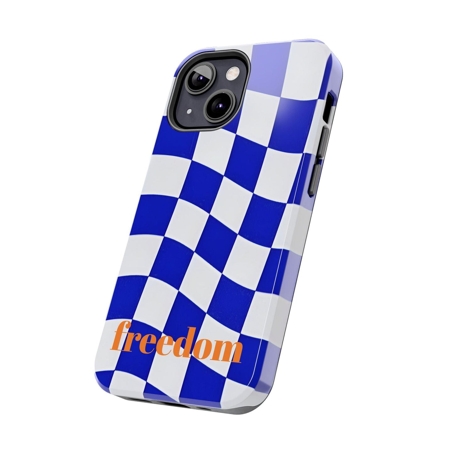 Phone Cases - Blue and White Wavy Check Design with Freedom in Orange - SmartHomeGoodies